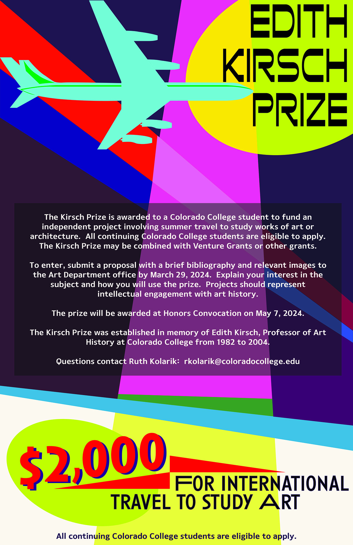 Kirsch poster with airplane and text about the prize