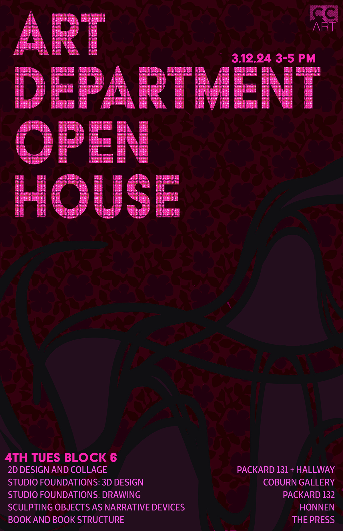 pink and mauve poster with event detail in text