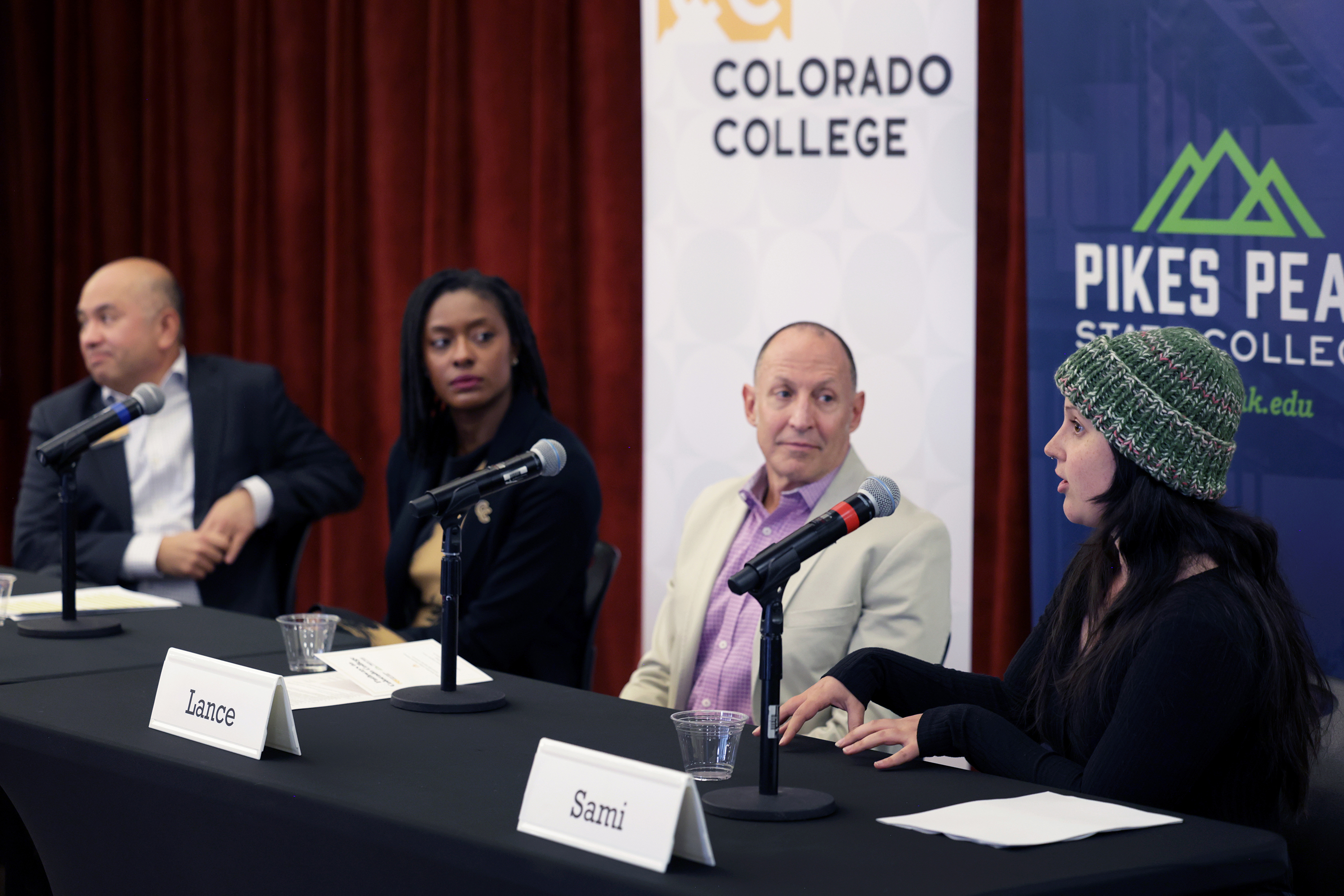After the signing ceremony, CC President Manya Whitaker, PPSC President Lance Bolton, CC Vice President for Enrollment Tony Cabasco, and PPSC to CC transfer student Sami Koller '27 answered questions from media and others in the audience. Photo by Jamie Cotten / Colorado College