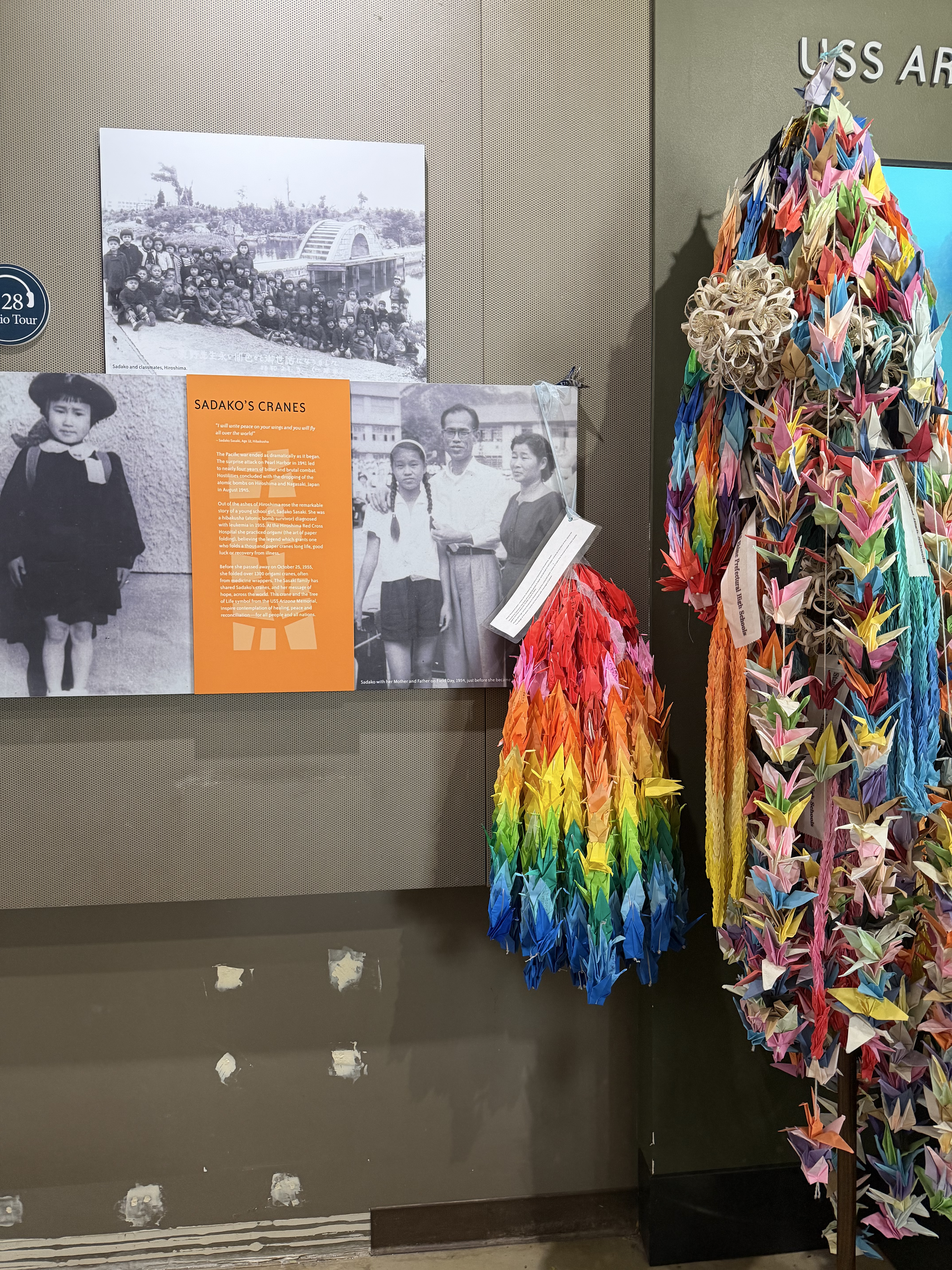 Students in From Pearl Harbor to Honouliuli visited the Sadako's Cranes exhibit the Pearl Harbor National Memorial, where they learned about Sadako Sasaki, a young girl who survived the Hiroshima bombing and was later diagnosed with Leukemia. While at the Hiroshima Red Cross Hospital, she started folding cranes because of the Japanese legend that says whoever folds 1,000 paper cranes will have good luck. Before passing away in 1955, she was able to fold over 1,300 cranes. Photo provided by Ellison Namba '28