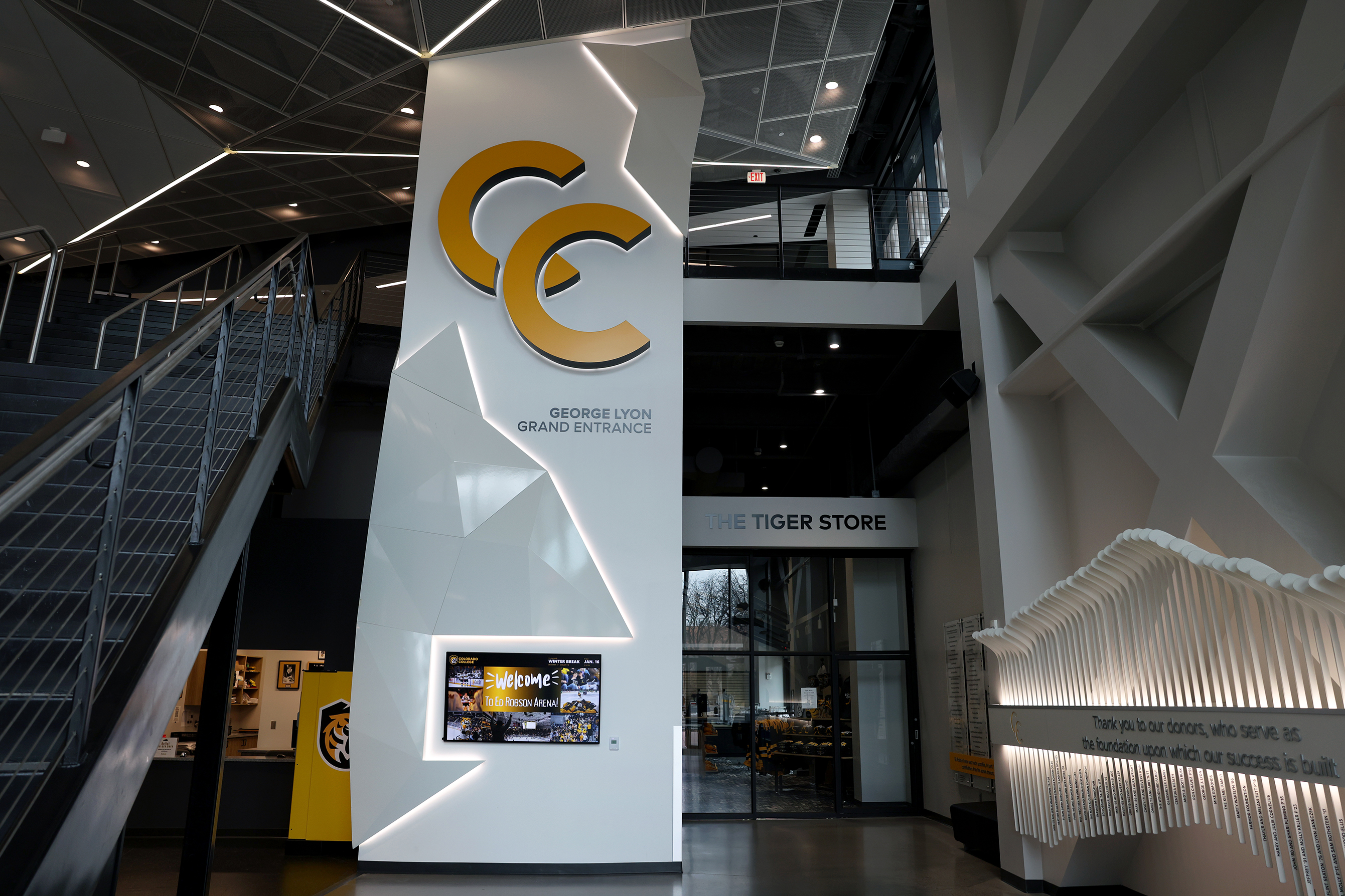 The George Lyon Grand Entrance at Ed Robson Arena was formally dedicated in 2020 and stands as a tribute to his legacy and the Lyon family's devotion to CC Athletics. Photo by Jamie Cotten / Colorado College