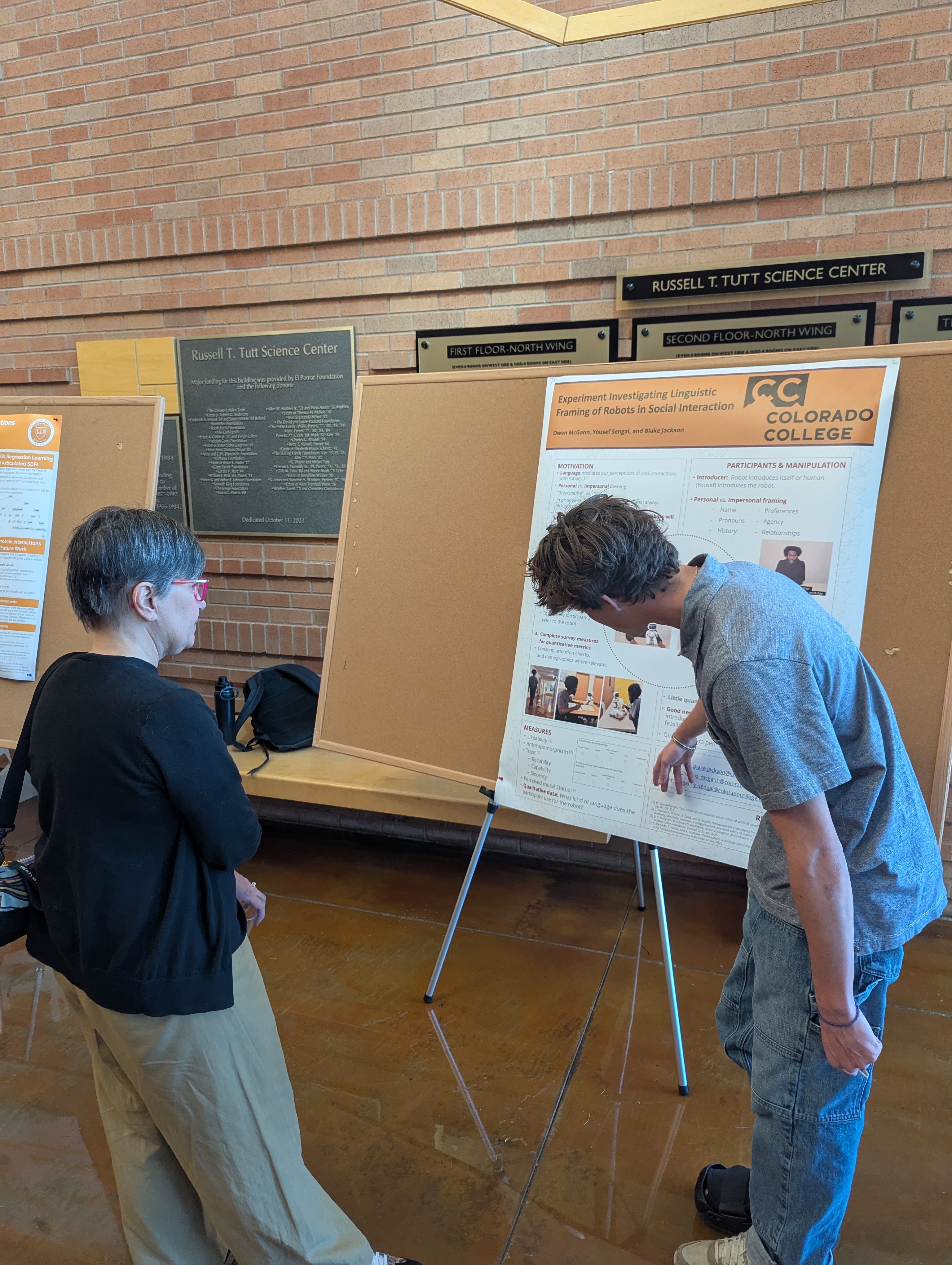 Owen McGann ’26 presents the summer research on Human-Robot Interaction he and Yousef Sengal ’27 did at the Computer Science showcase in October 2025. Photo provided by McGann.