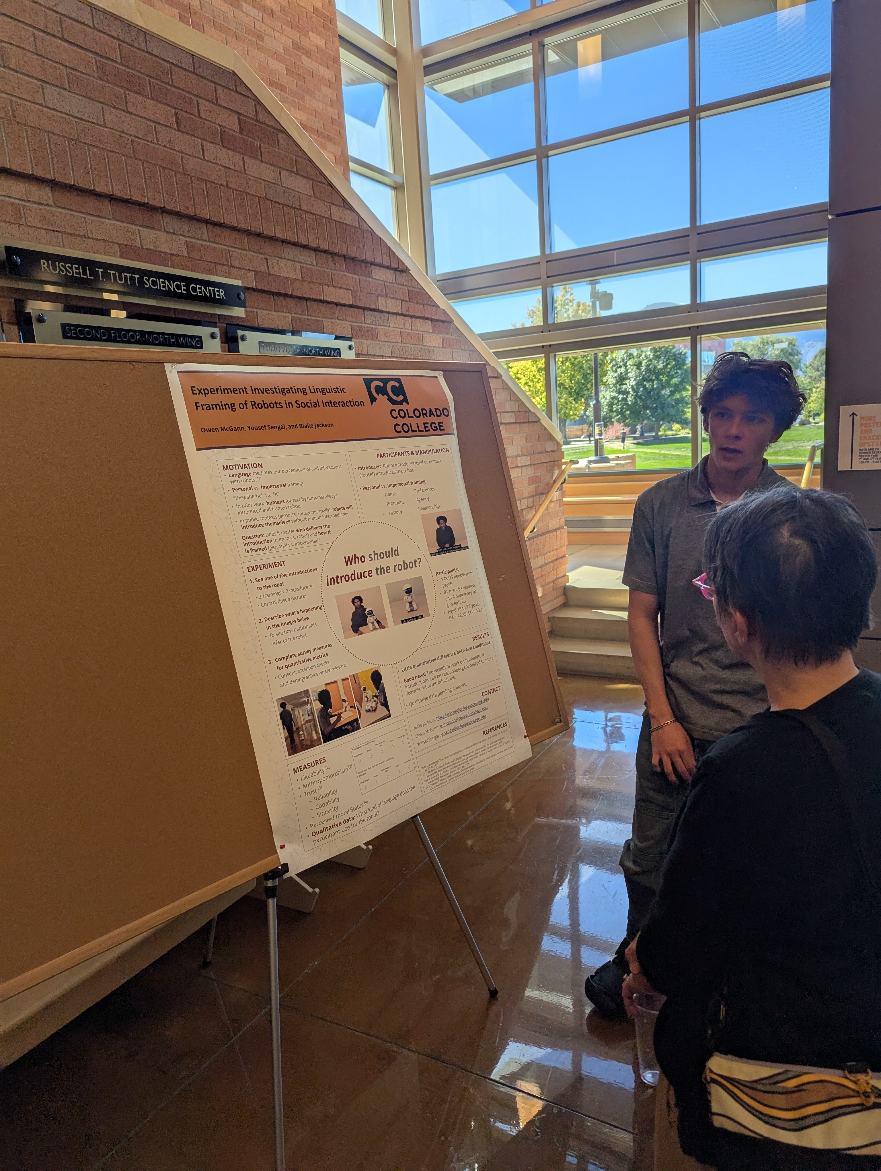 Owen McGann ’26 shares his summer research on Human-Robot Interaction at his department showcase in October 2025. Photo provided by McGann.