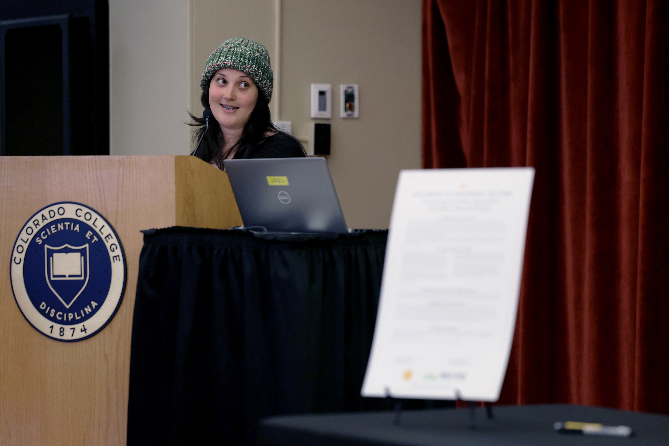 PPSC to CC transfer student Sami Koller '27 tells the audience about her experience transferring to CC during the signing ceremony event on April 30 in Gaylord Hall on CC's campus. Photo by Jamie Cotten / Colorado College