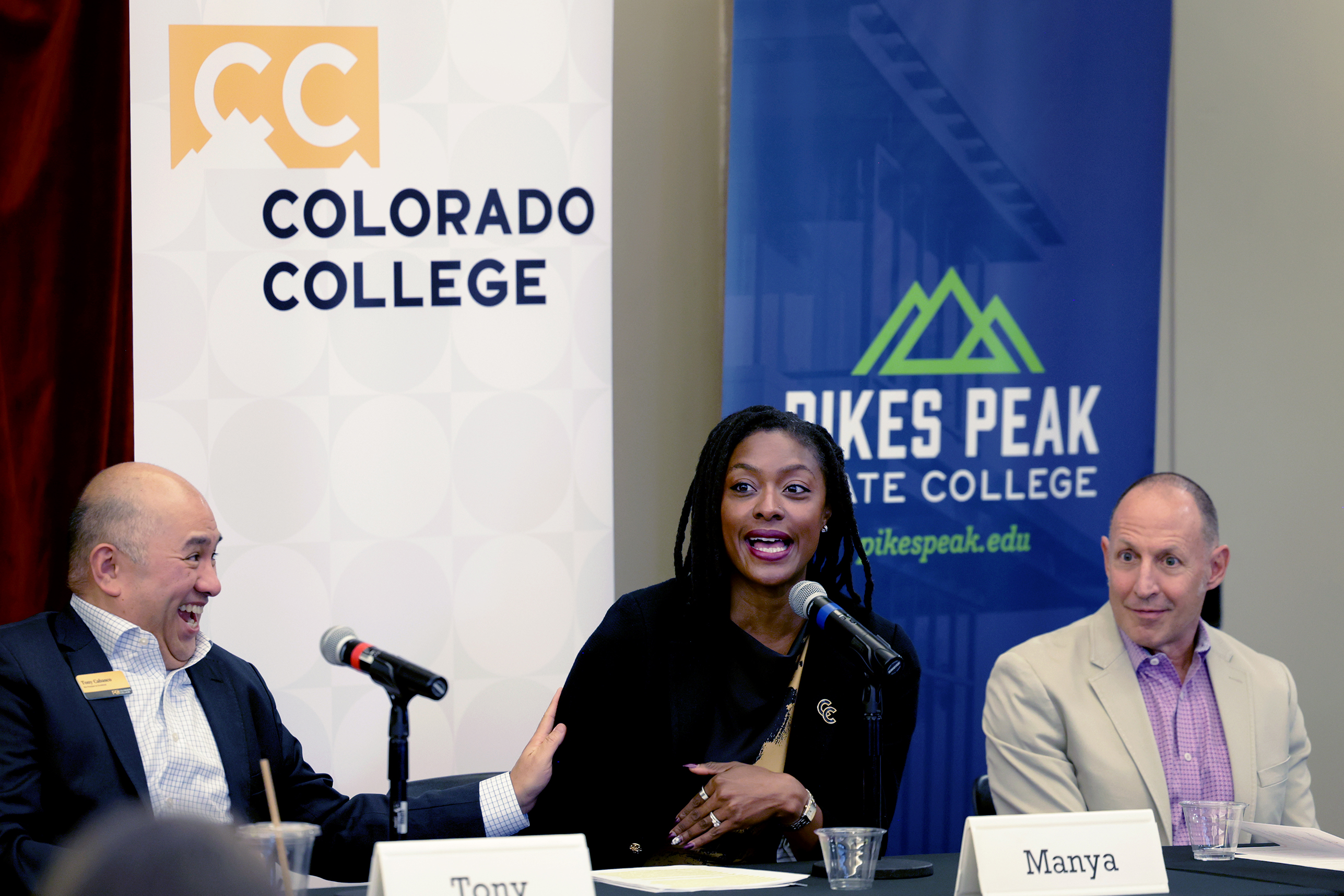 CC Vice President for Enrollment Tony Cabasco and CC President Manya Whitaker share a laugh with PPSC President Lance Bolton while answering questions after the signing ceremony. Photo by Jamie Cotten / Colorado College