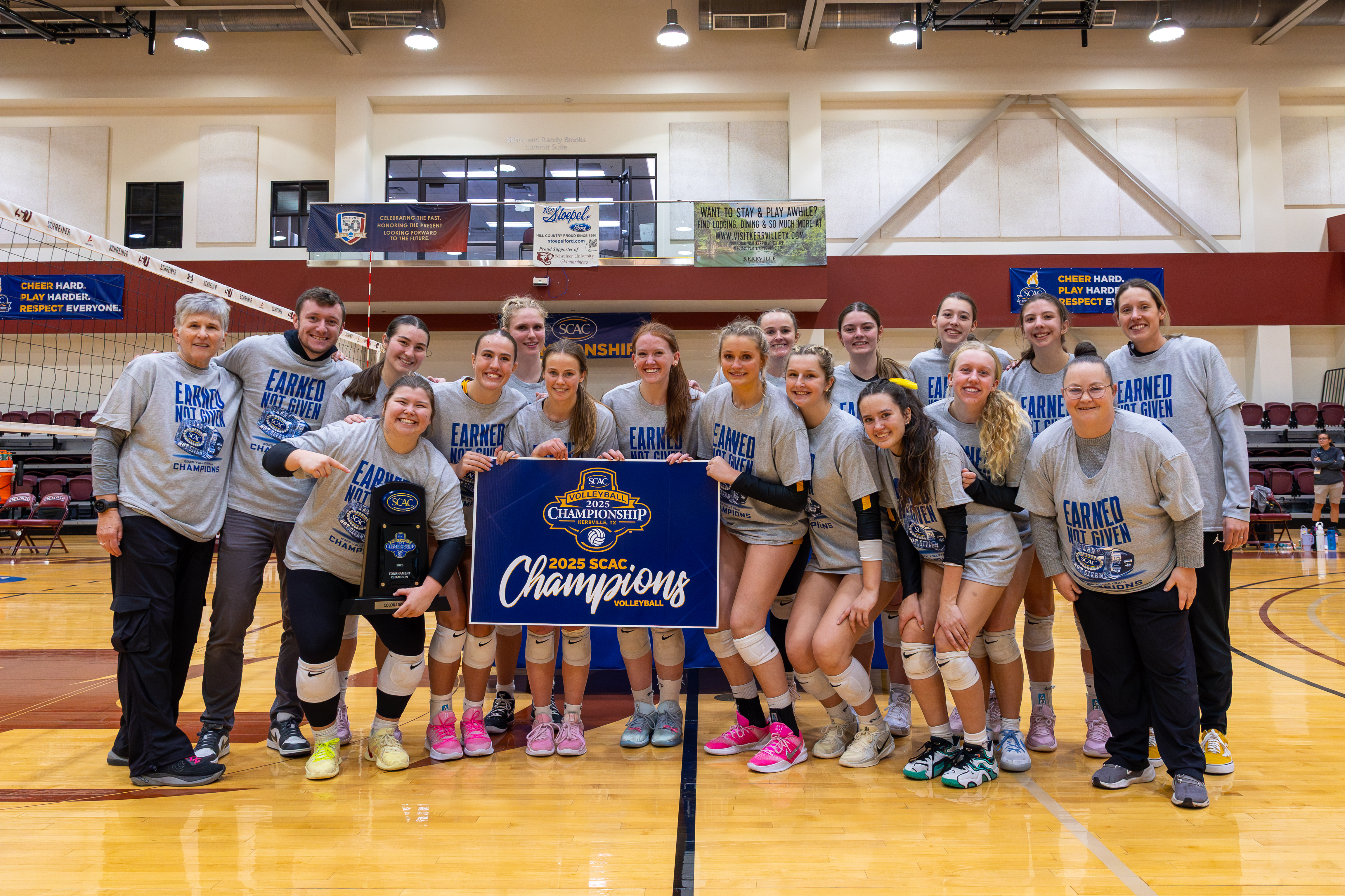 The CC Women's Volleyball team won the SCAC Tournament title for the first time since 2021 by defeating Schreiner University, 3-2, on Nov. 15, 2025. Photo Courtesy CC Athletics
