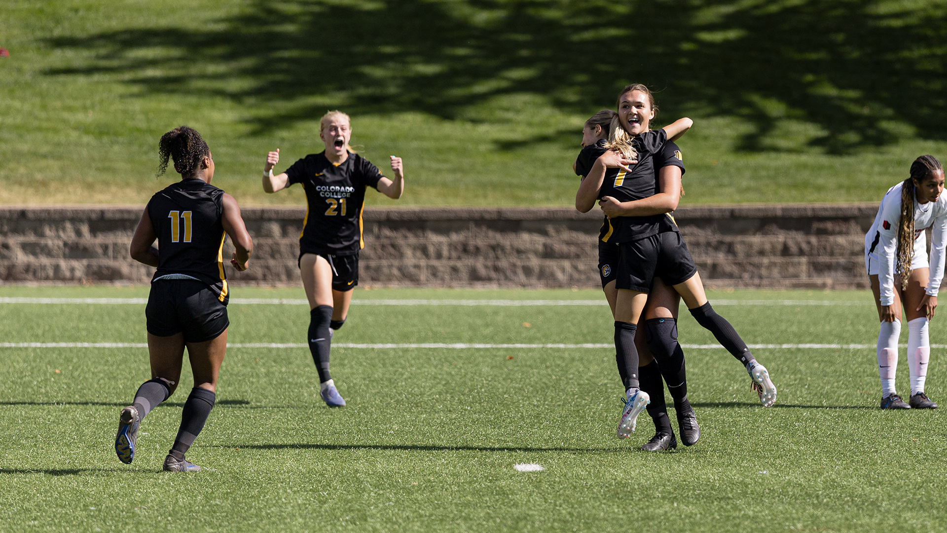 CC Women’s Soccer players celebrate following the game-winning goal against UNLV on Senior Day, Oct. 19, 2025. Photo Courtesy CC Athletics
