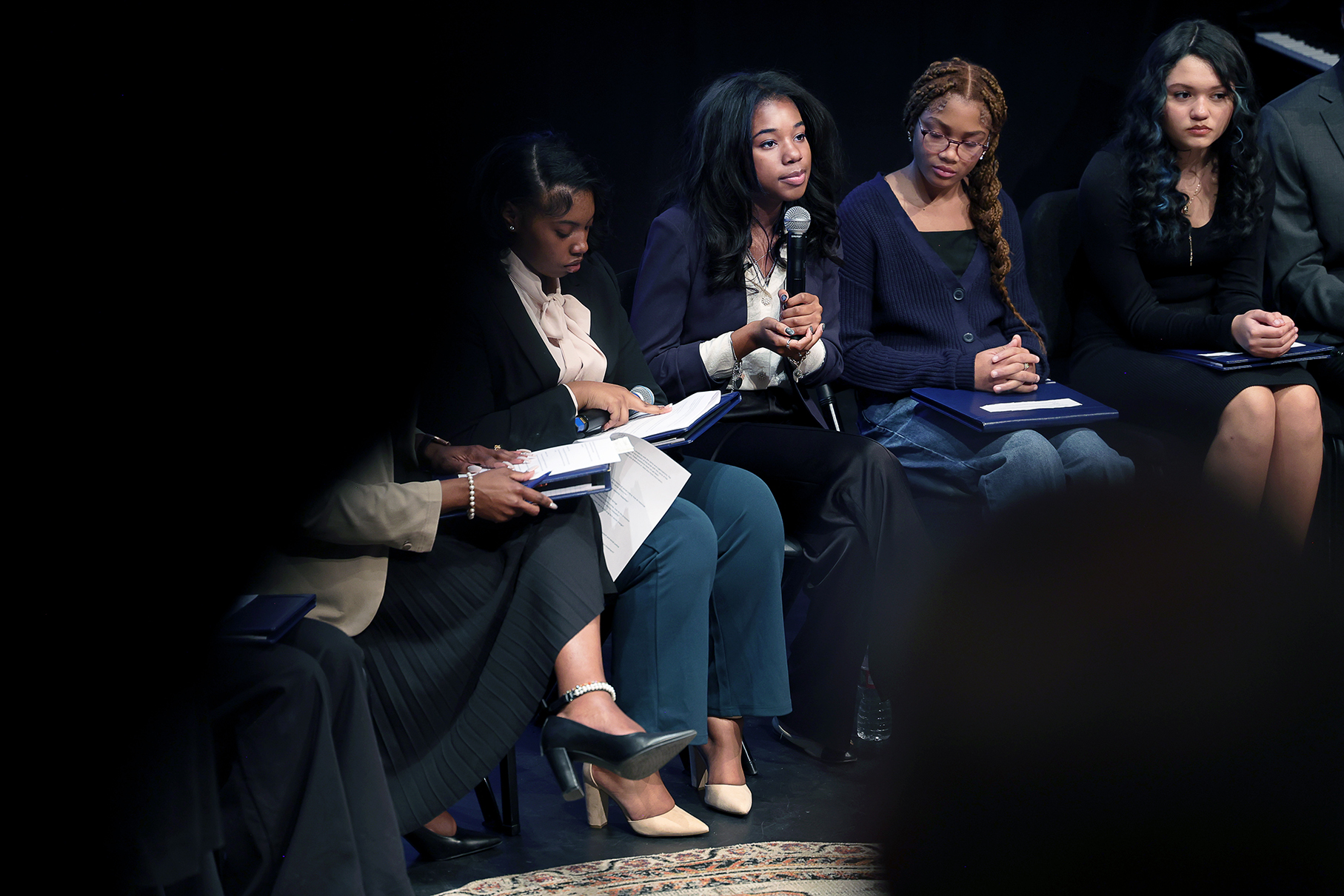 Yolanda King, the 17-year-old granddaughter of Martin Luther King, Jr. and Coretta Scott King, responds to questions from a panel of area students asking about social justice. Photo by Jamie Cotten / Colorado College