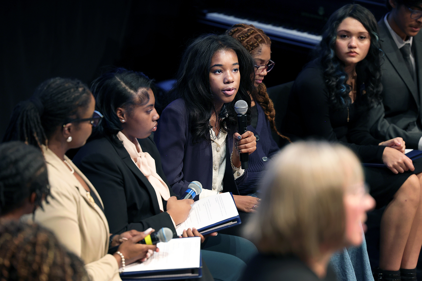 Yolanda King, the only granddaughter of Martin Luther King, Jr. and Coretta Scott King, answers questions from a panel of area students about social justice at Richard Celeste Theatre in Cornerstone Arts Center on January 18, 2026. Photo by Jamie Cotten / Colorado College